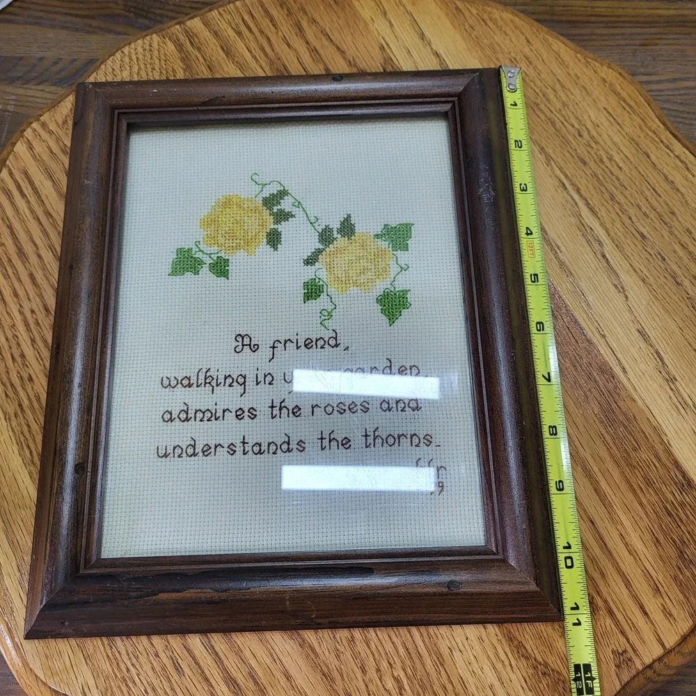 VTG Wood Framed Cross Stitch Needlepoint Friend Walking Garden Picture Roses